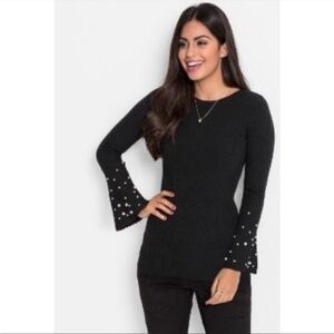 Roz & Ali Pearl Beaded Bell Sleeve Black Sweater Size 2X